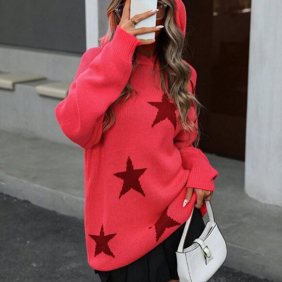 Casual Women's Star Print Drop Shoulder Loose Fit Hoodie knit Sweater - Picture 1 of 7
